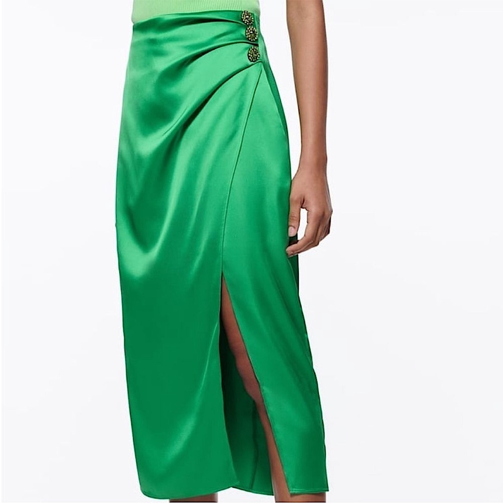 Zara Green Satin Midi Skirt with Side Slit - Picture 1 of 11